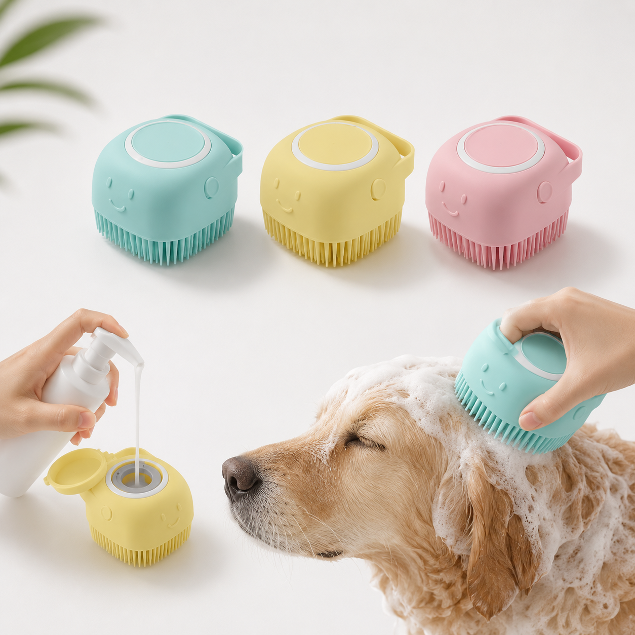 Silicone Pet Bath Massage Brush with Shampoo Dispenser