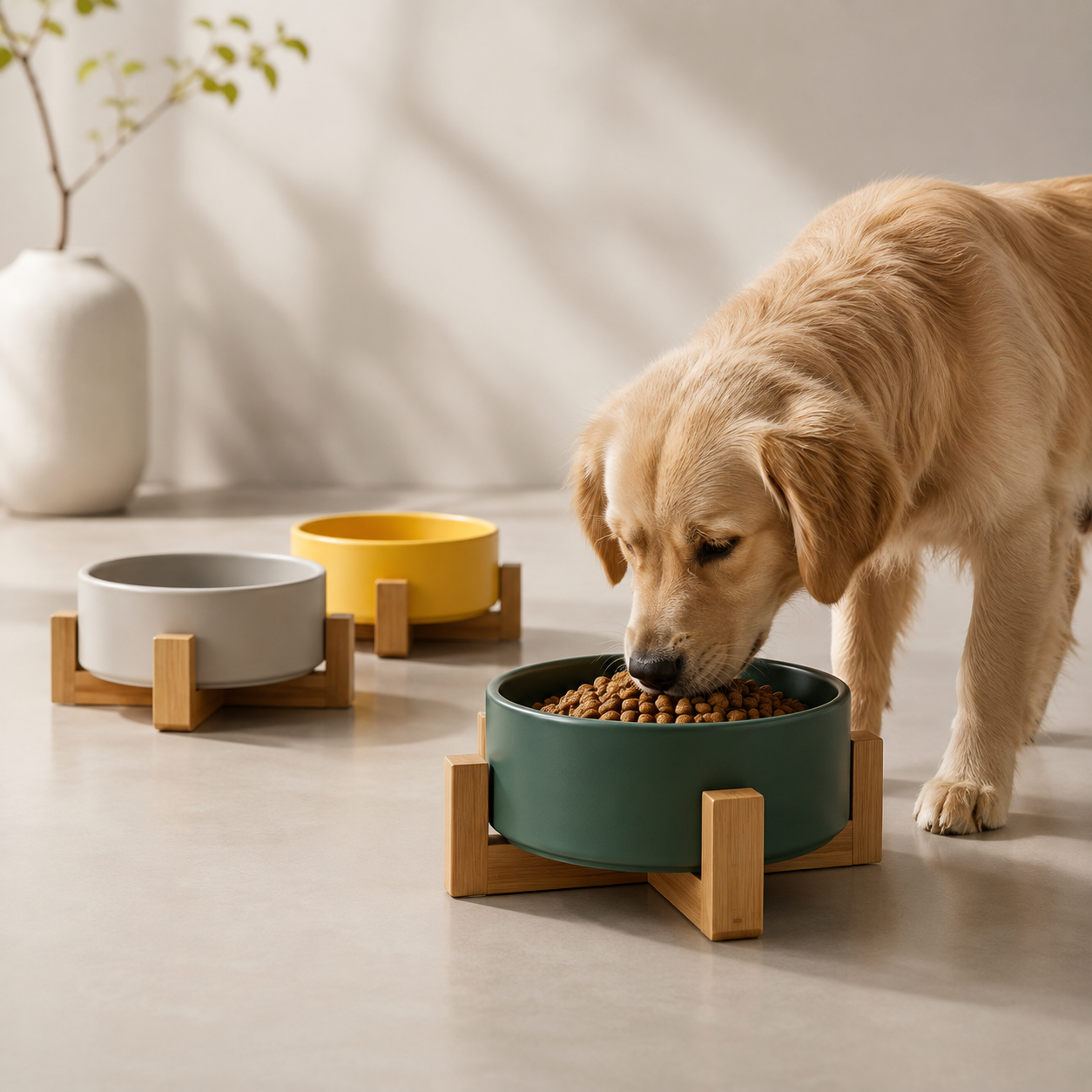 Elevated Dual Pet Bowl with Wooden Base