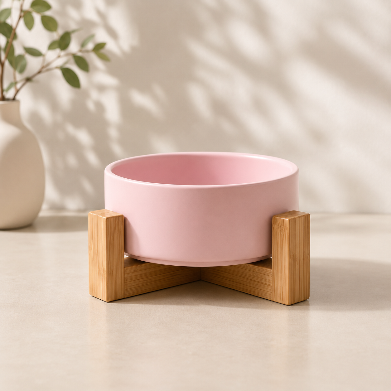 Elevated Dual Pet Bowl with Wooden Base