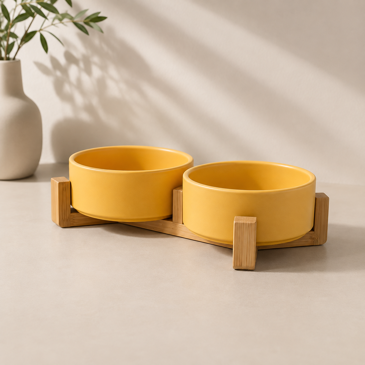 Elevated Dual Pet Bowl with Wooden Base