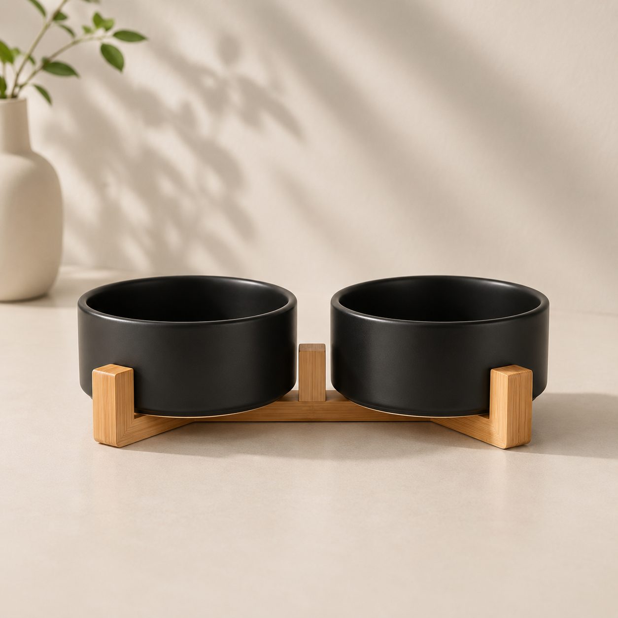 Elevated Dual Pet Bowl with Wooden Base