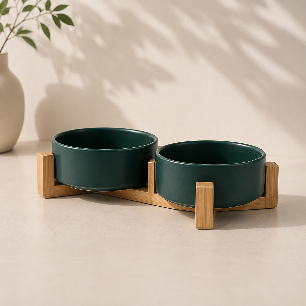 Elevated Dual Pet Bowl with Wooden Base