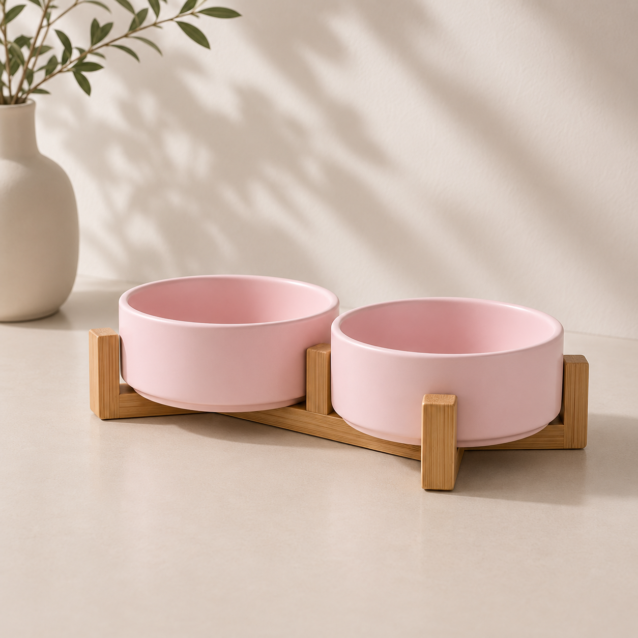 Elevated Dual Pet Bowl with Wooden Base