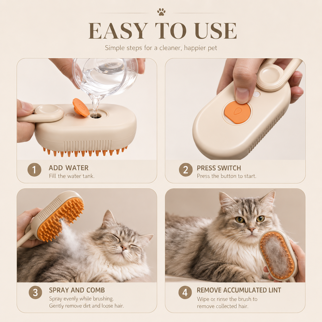 Elektrische Katzen-Dampfbürste – 3-in-1 Tierpflegekamm mit Wassersprühfunktion für Katzen und Hunde, USB wiederaufladbar