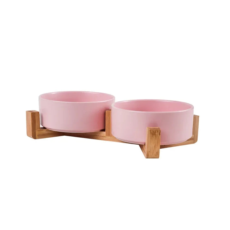 Elevated Dual Pet Bowl with Wooden Base