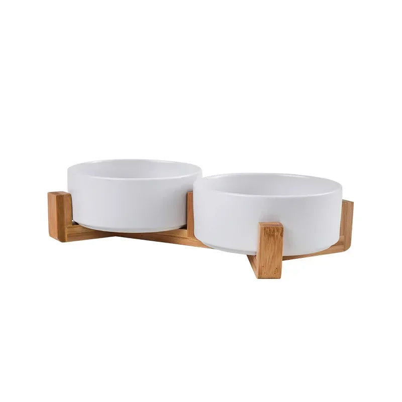 Elevated Dual Pet Bowl with Wooden Base