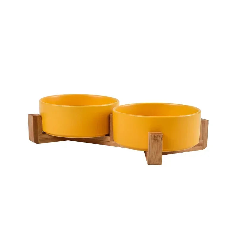 Elevated Dual Pet Bowl with Wooden Base