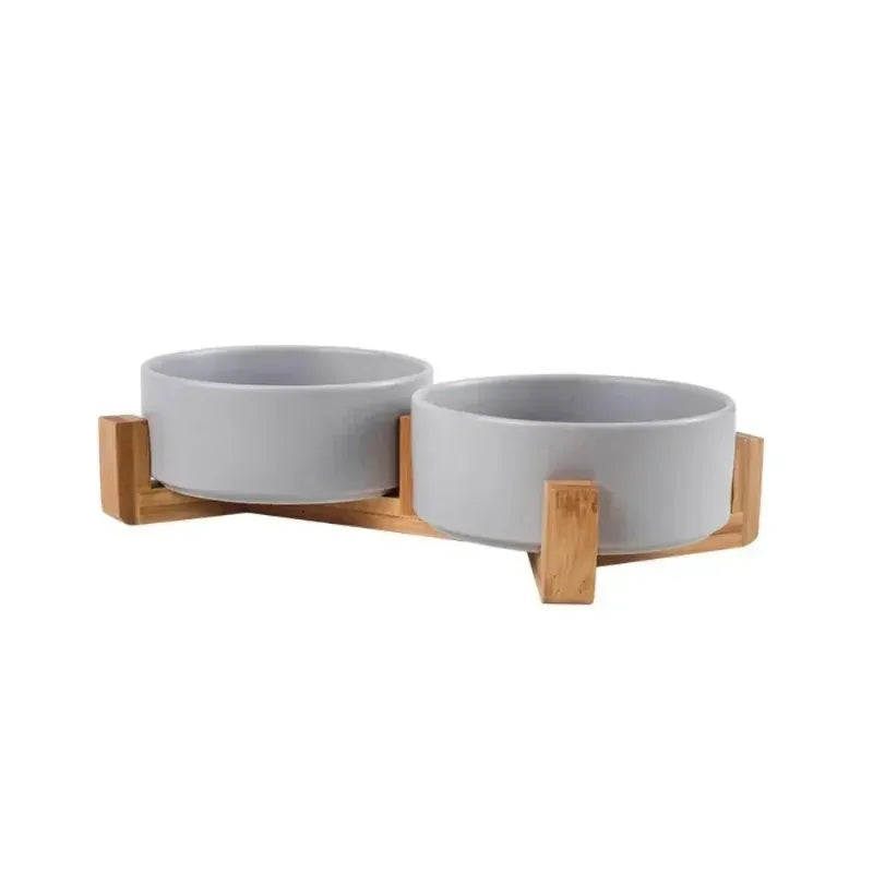 Elevated Dual Pet Bowl with Wooden Base